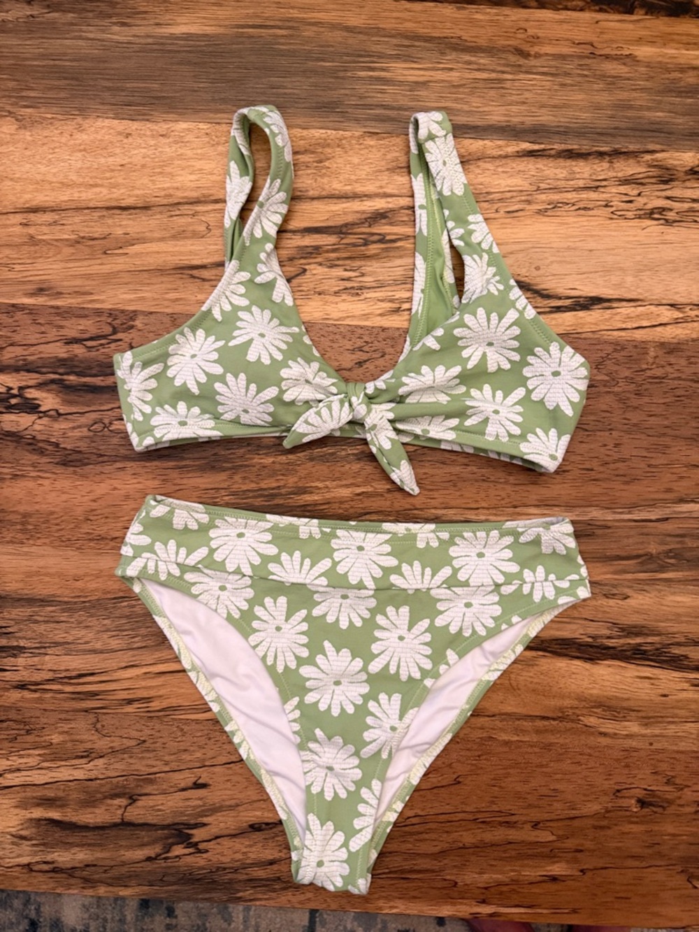 Green Daisy Print Bikini Set - Knot Front Top